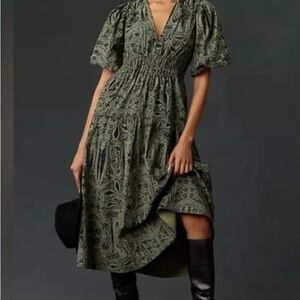 Pilcro Forest Green and Navy Patterned Midi Dress